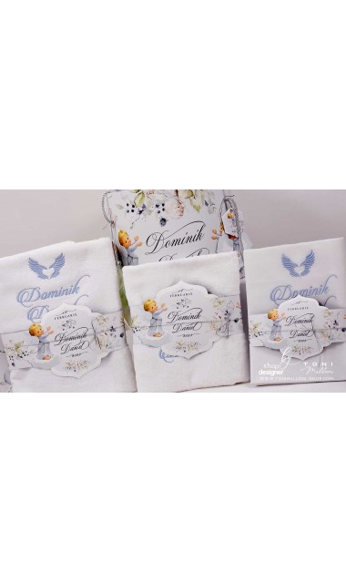 Trusou botez cu ingeri si flori de bumbac personalizat pentru baieti Ingerul Albastru 25